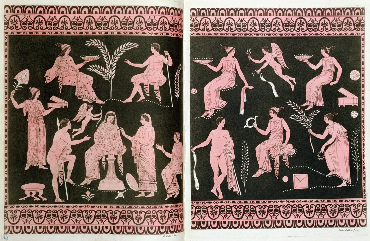 Az eleuszinuszi misztériumokba való beavatás jelenete, görög antik vázák után, J. Ferrario „Le Costume Ancien et Moderne” című művéből, Milánó, 1819 (színes metszet) alkotó: Gallo Gallina