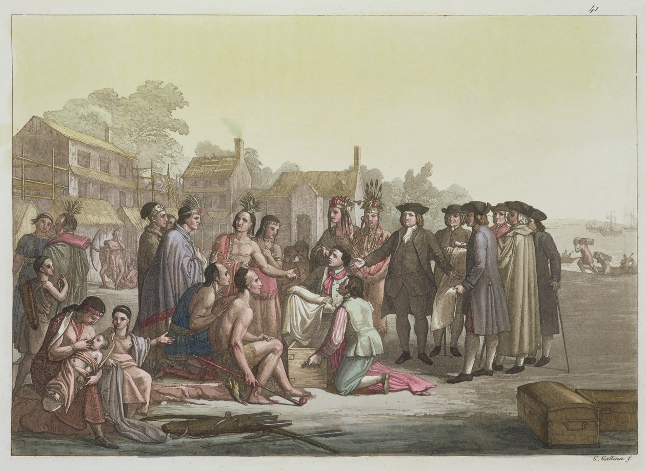 William Penn, aki a Pennsylvania megalapításához vezető szerződésről tárgyal, Jules Ferrario „Le Costume Ancien et Moderne” I. kötetének 41. lemezéből, az 1820-as és 30-as évek körül megjelent (színes metszet) alkotó: Gallo Gallina