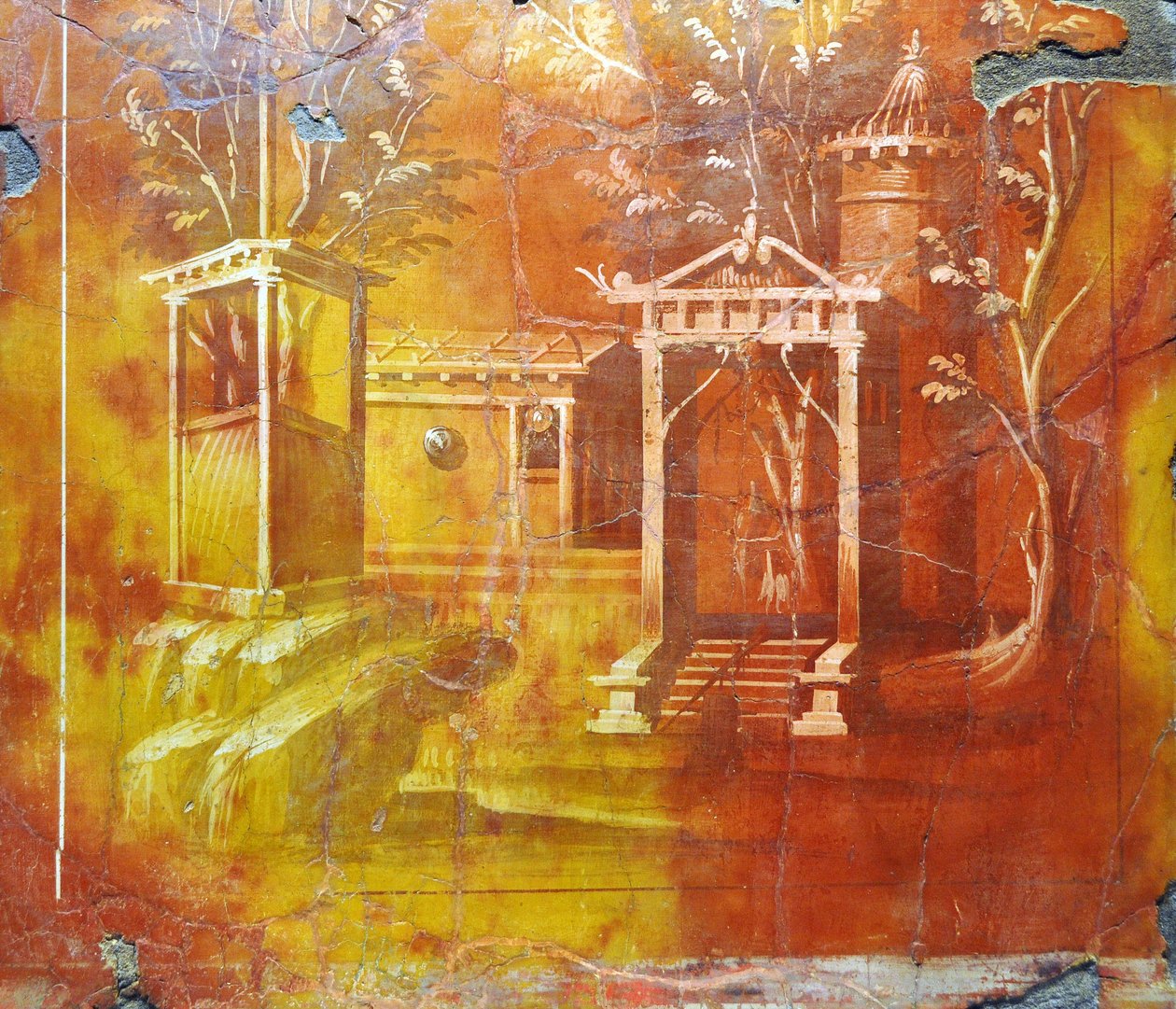 Római művészet: építészeti tájkép templommal és szent kapuval a Villa Papiriből (freskó) alkotó: Gallo Roman