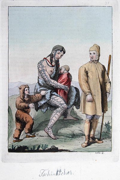 Egy csukcsi házaspár gyermekeikkel, illusztráció a „Le Costume Ancien ou Moderne” című művéből, Jules Ferrario, az 1820-as és 30-as évek körüli Milánóban megjelent (színes metszet) alkotó: Gallo Gallina