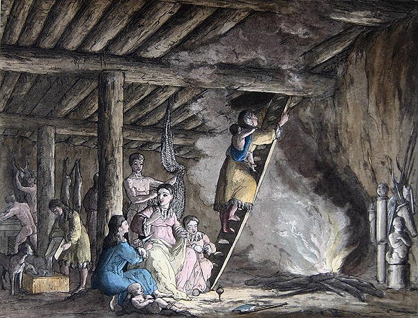 Jurta belseje Kamcsatkában, illusztráció Jules Ferrario „Le Costume Ancien et Moderne” című művéből, az 1820-as és 30-as évek körül Milánóban megjelent (színes metszet) alkotó: Gallo Gallina
