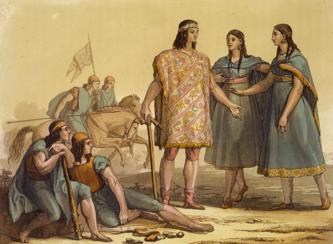 Az araucani törzs bennszülöttei, Argentína, a Le Costume Ancien et Moderne, II. kötet, 37. lemezből, Jules Ferrariotól, az 1820-as és 30-as évek körül megjelent alkotó: Gallo Gallina