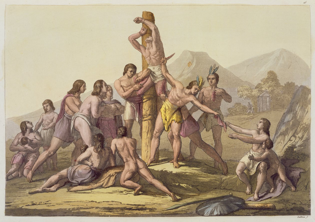 Perui indiánok áldozatot hozva, a „Le Costume Ancien et Moderne” I. kötet 15. lemezéből, Jules Ferrario, kiadva az 1820-as és 30-as évek körül (színes litho) alkotó: Gallo Gallina