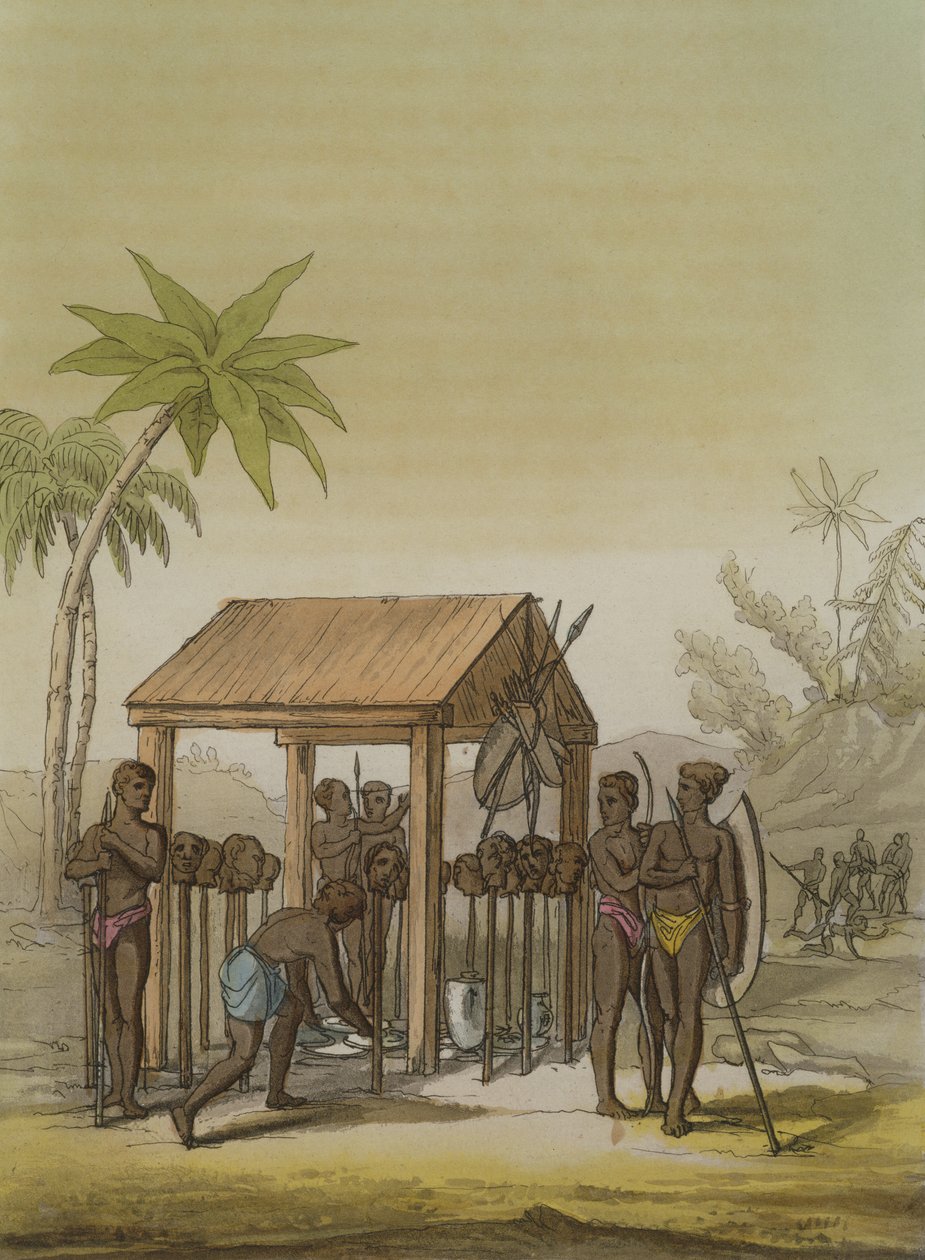 Guinea királyainak sírja fogadalmi fejekkel, Jules Ferrario „Le Costume Ancien et Moderne” című művének 33. táblája, az 1820-as és 30-as évek körül megjelent alkotó: Gallo Gallina