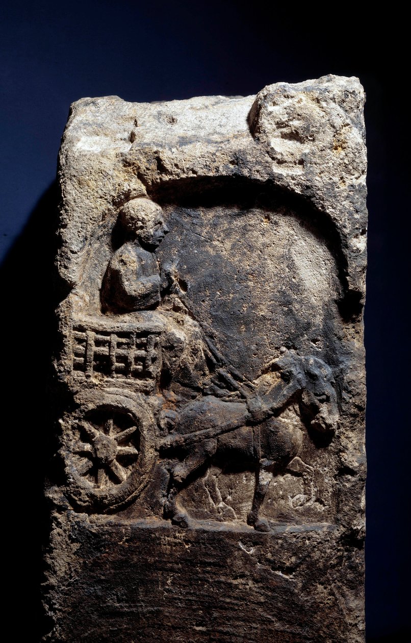 Art Gallo Romain: sztélé, amely egy embert ábrázol egy kocsin, akit lóra erősítettek. Kr.e. 50-100. Metz. Szépművészeti Múzeum alkotó: Gallo Roman