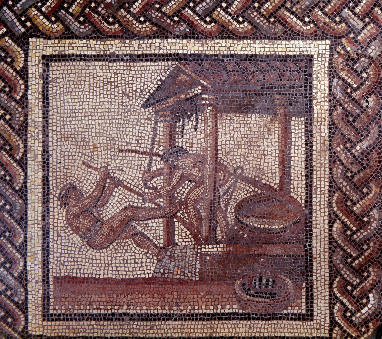 Gallo római művészet: rusztikus naptárt ábrázoló mozaikburkolat. Egy olajprés. 2. vége, 3. század eleje JC után. Saint-Romain-en-Galból (Rhone). Saint Germain en Laye, Nemzeti Régészeti Múzeum alkotó: Gallo Roman