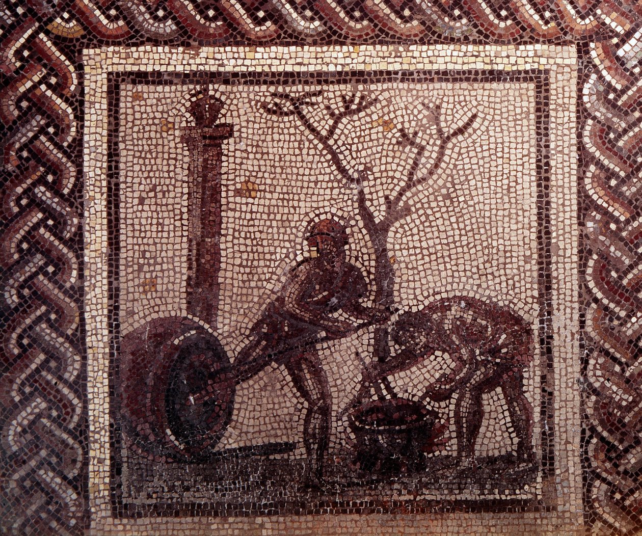 Gallo római művészet: rusztikus naptárt ábrázoló mozaikburkolat. Jar pusztító jelenet. 2. vége, 3. század eleje JC után. Saint-Romain-en-Galból (Rhone). Saint Germain en Laye, Nemzeti Régészeti Múzeum alkotó: Gallo Roman
