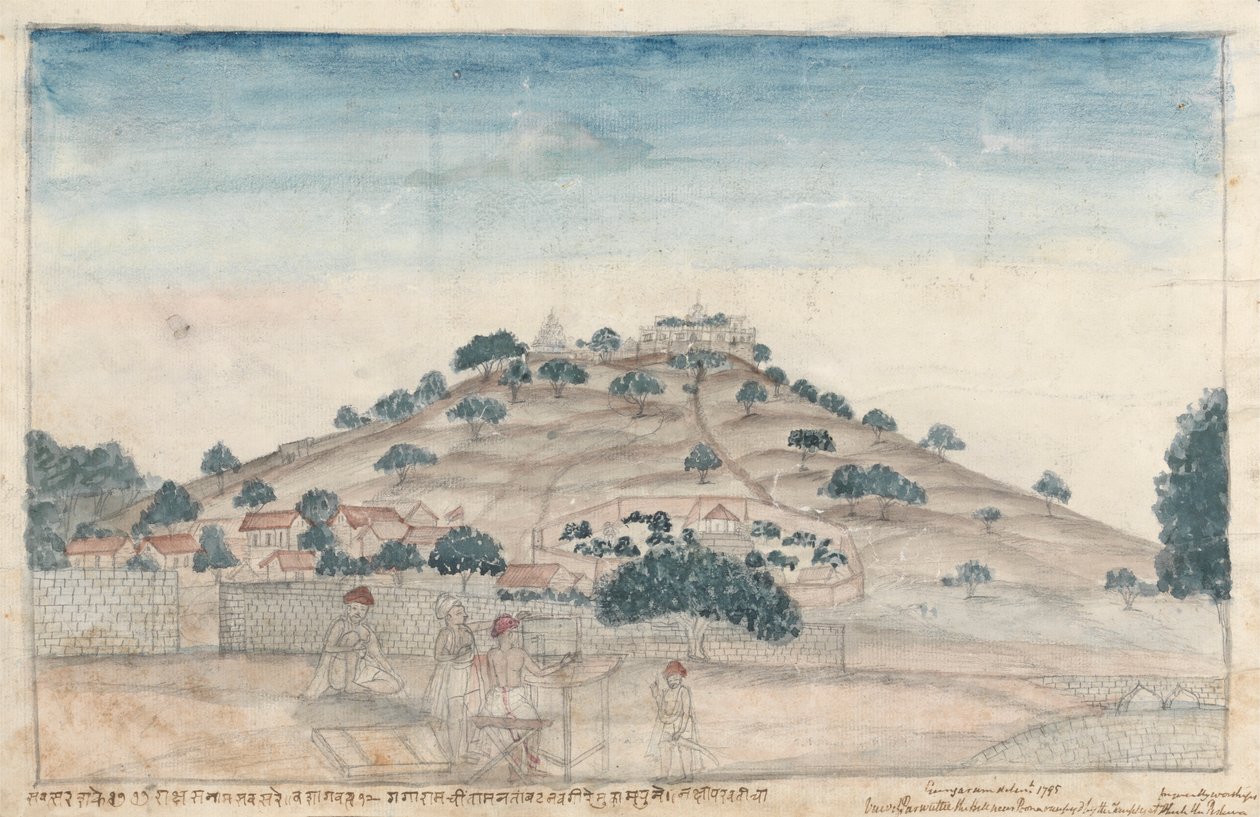 Kilátás Parbatira, egy dombra Poona közelében, amelyet a Peshwa által látogatott templomok foglalnak el alkotó: Gangaram Chintaman Tambat