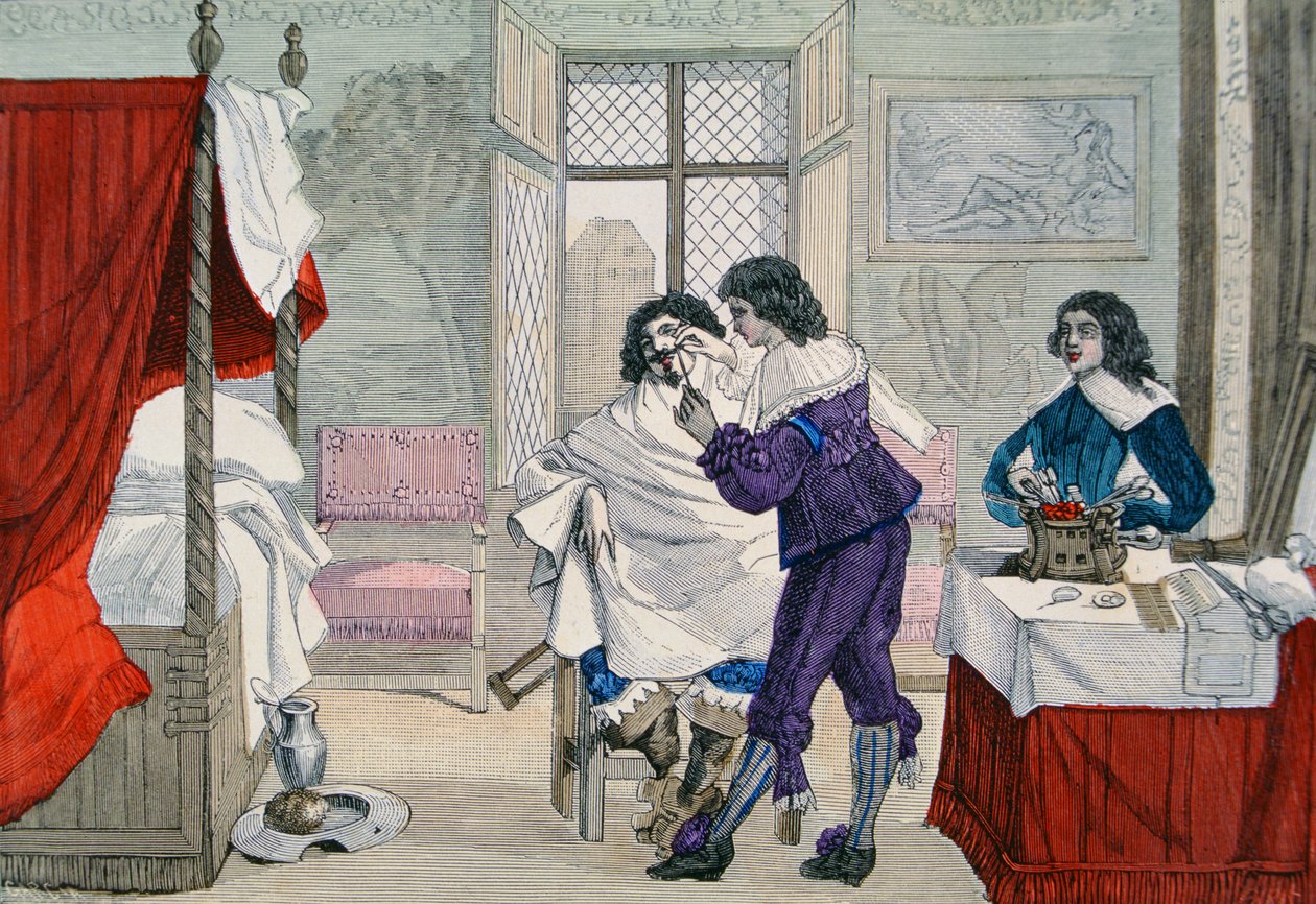 Egy fodrászüzlet belseje XIII. Lajos korában (1601-43) a „Costumes de Paris a Travers les Siecles” kiadásából. Roy, megjelent 1887 (színes metszet) alkotó: Garcia