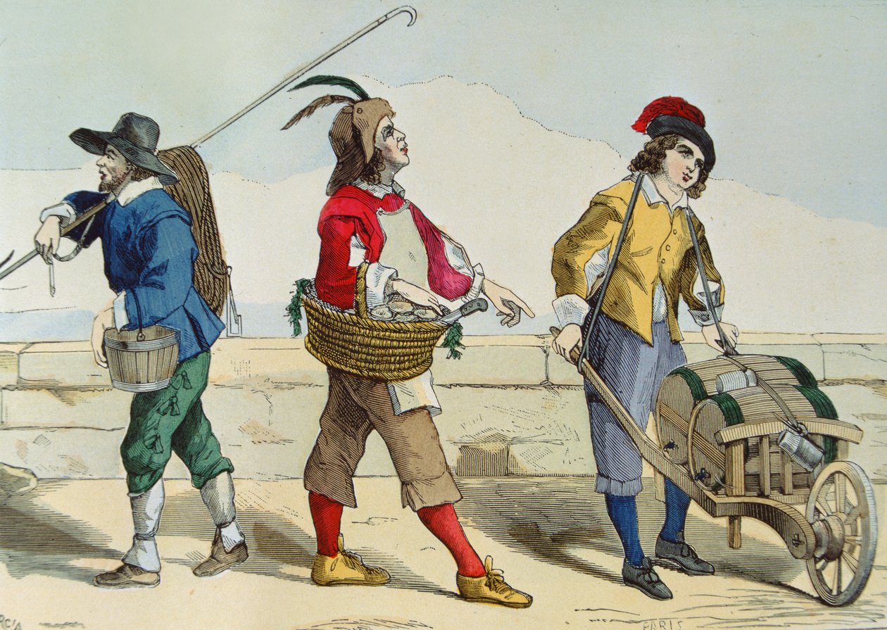 Kúttisztító, osztrigakereskedő és ecetárus XIII. Lajos idején (1601-43), a "Costumes de Paris a Travers les Siecles" című kötetből, szerk. Roy, megjelent 1887-ben (színes metszet). alkotó: Garcia