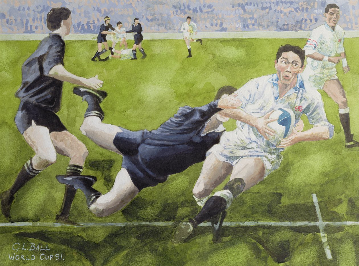 Rögbi-mérkőzés: Anglia–Új-Zéland a világbajnokságon, 1991, Rory Underwood elleni küzdelem (wc) alkotó: Gareth Lloyd Ball