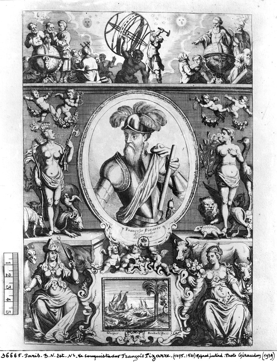 Francisco Pizarro (1475-1541) portréja allegorikus alakokkal alkotó: Gaspar Bouttats