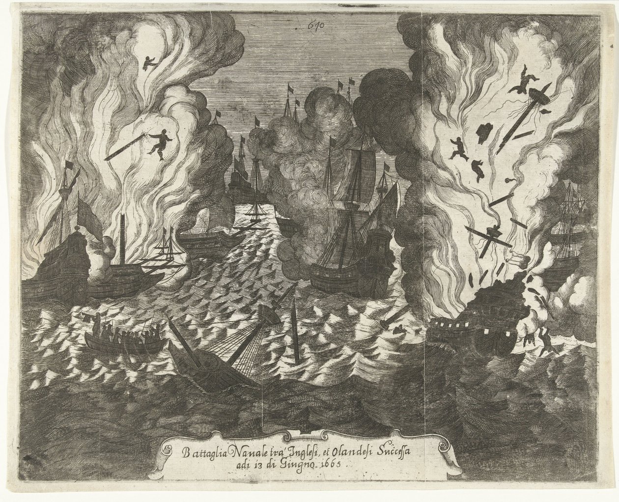 Lowestofti csata, 1665 Tengerészeti csata az angolok és a hollandok között 1665. június 13-án (cím a tárgyon) alkotó: Gaspar Bouttats (attributed to)