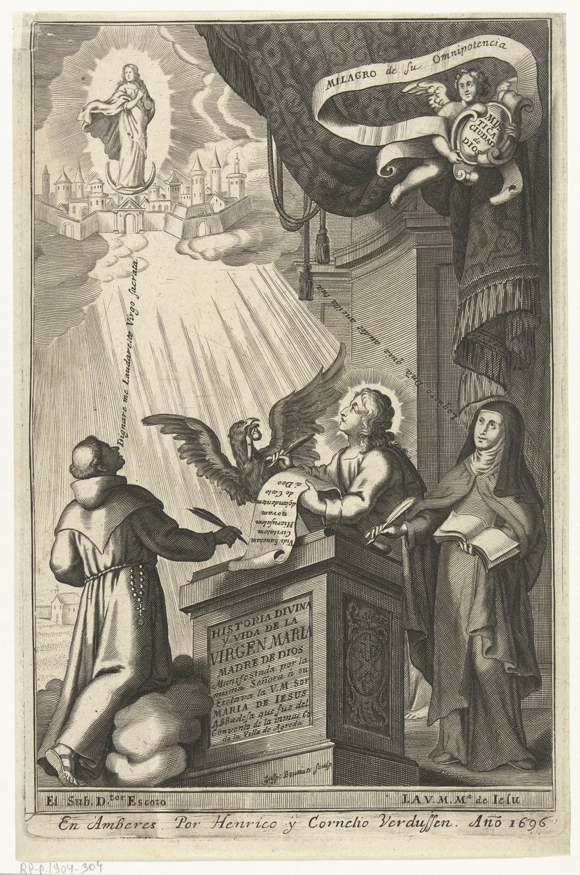 Szűz Mária elragadtatott a mennyek országába Historia divina y vida de la Virgen maria (cím a tárgyon) alkotó: Gaspar Bouttats