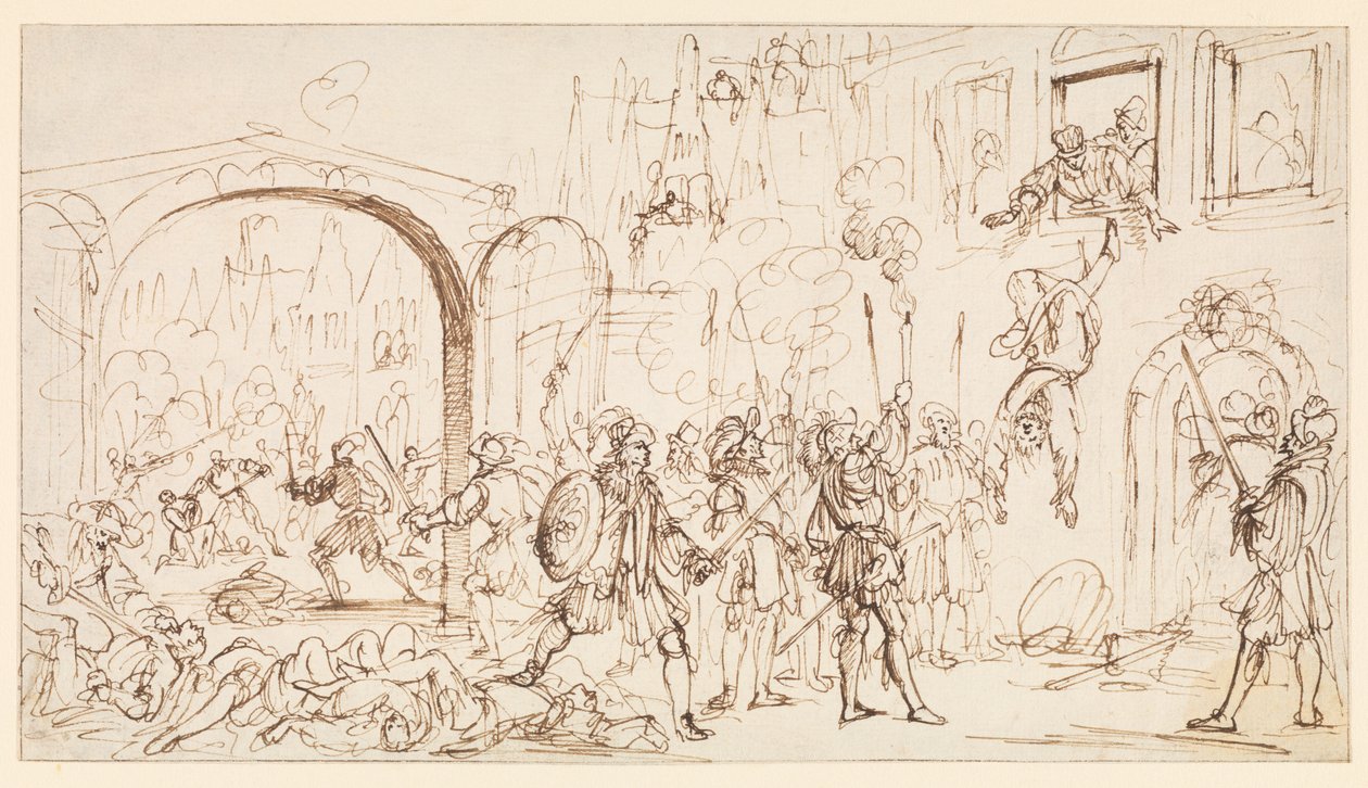Szent Bertalan napi mészárlás, 1686 körül (fekete kréta, toll és barna tinta fektetett papíron, barna tinta keretvonalakkal) alkotó: Gaspar Bouttats