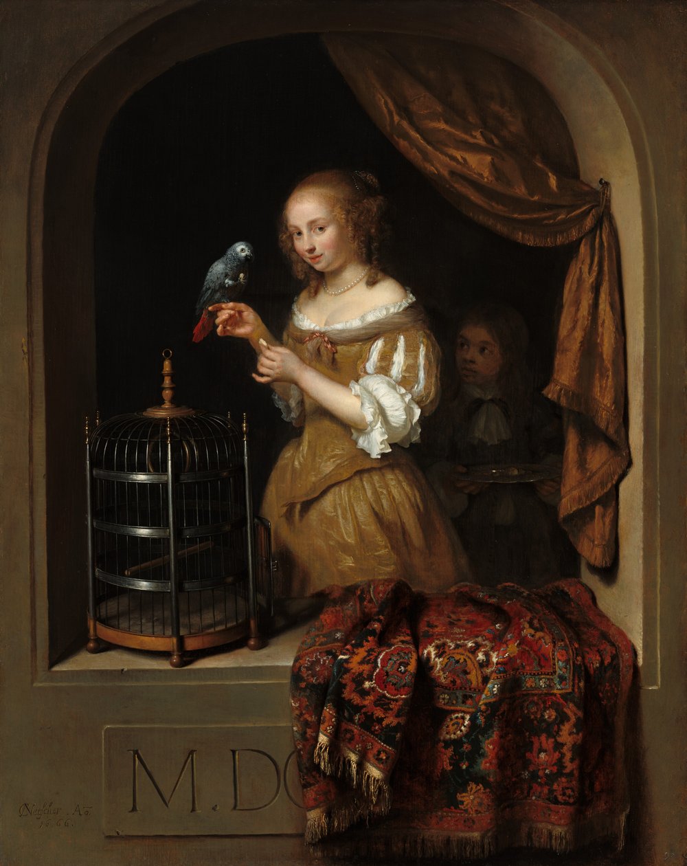 Egy nő, aki papagájt etet, lappal, 1666. alkotó: Gaspar Netscher