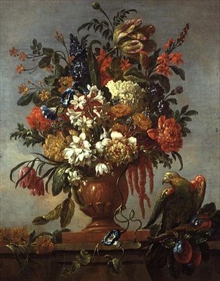 Virágcsendélet egy urnában, vörös papagájjal alkotó: Gaspar Pieter II Verbruggen