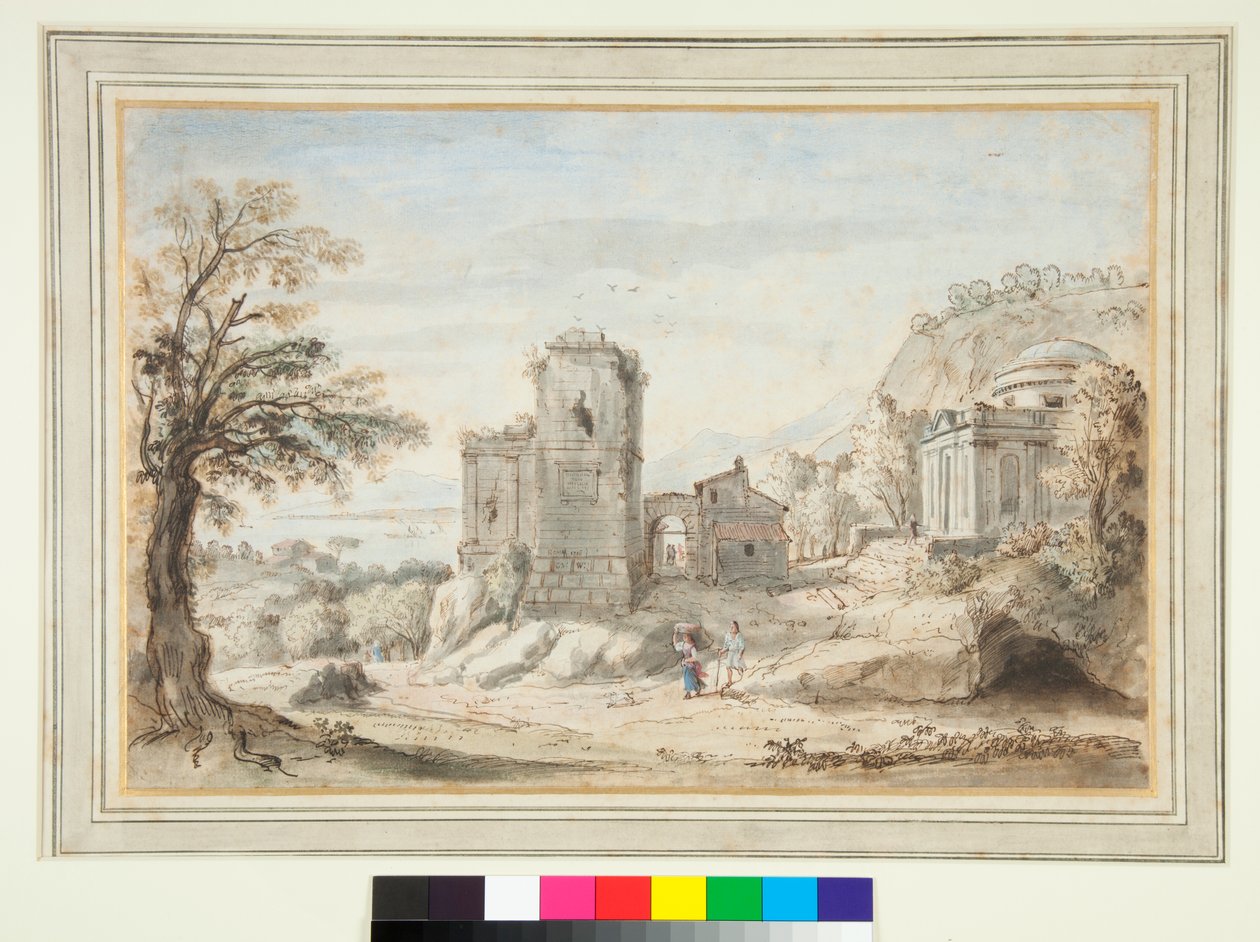 Táj romokkal és templommal (toll, barna tinta és színes mosófolyadékok) alkotó: Gaspar van Wittel