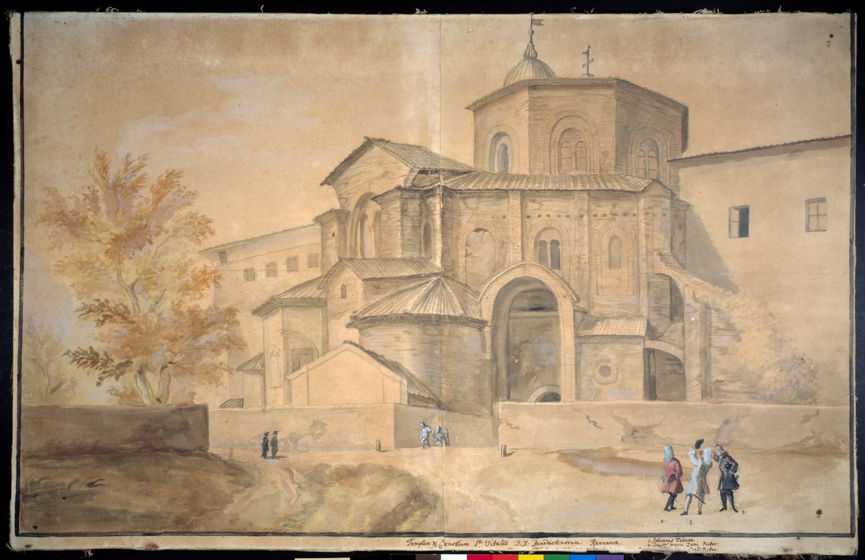 Basilica di San Vitale, Ravenna (toll és tinta akvarellel papíron) alkotó: Gaspar van Wittel