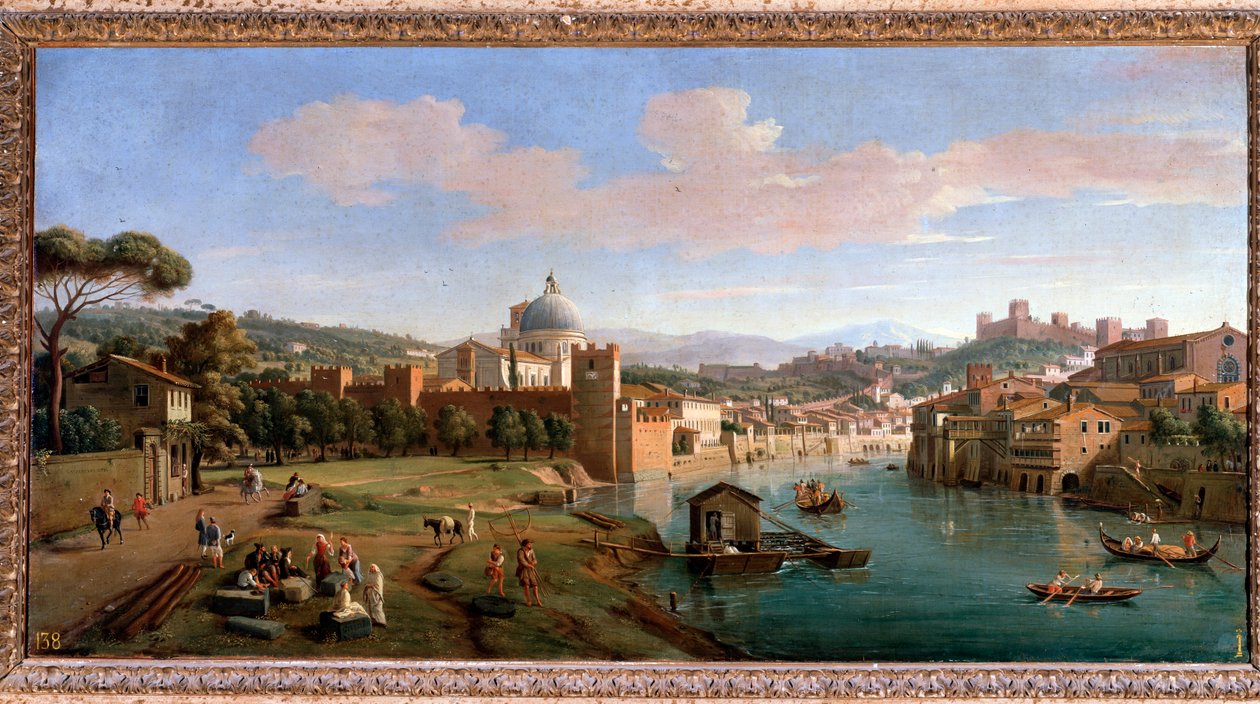 Verona látképe és az Adige folyó partja - Festmény, XVII-XVIII. század vége alkotó: Gaspar van Wittel