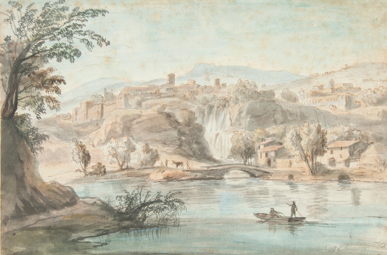 Tájkép a Tivoliban, 1701-10 (toll, barna tinta és színes mosás papíron) alkotó: Gaspar van Wittel