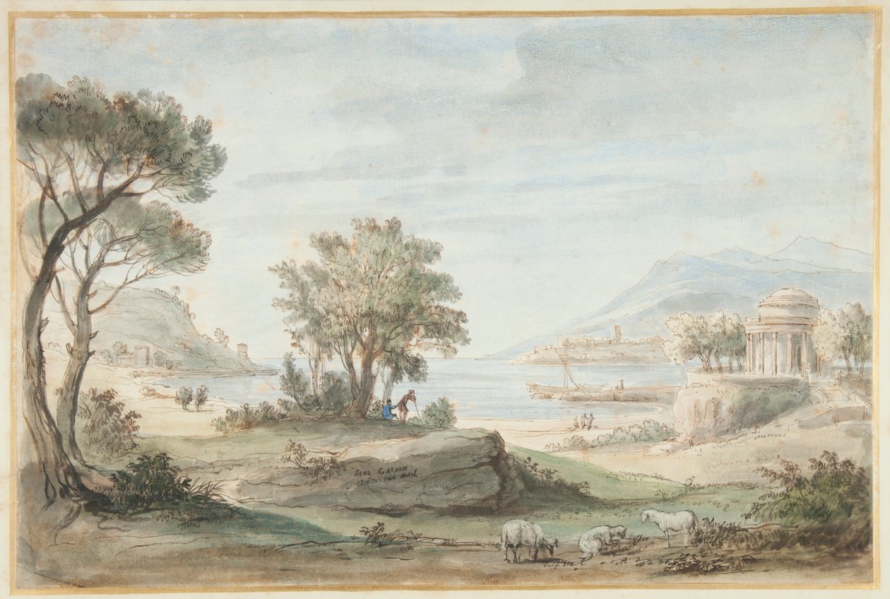 Táj egy kerek templommal (toll, barna tinta és színes lemosások papíron) alkotó: Gaspar van Wittel