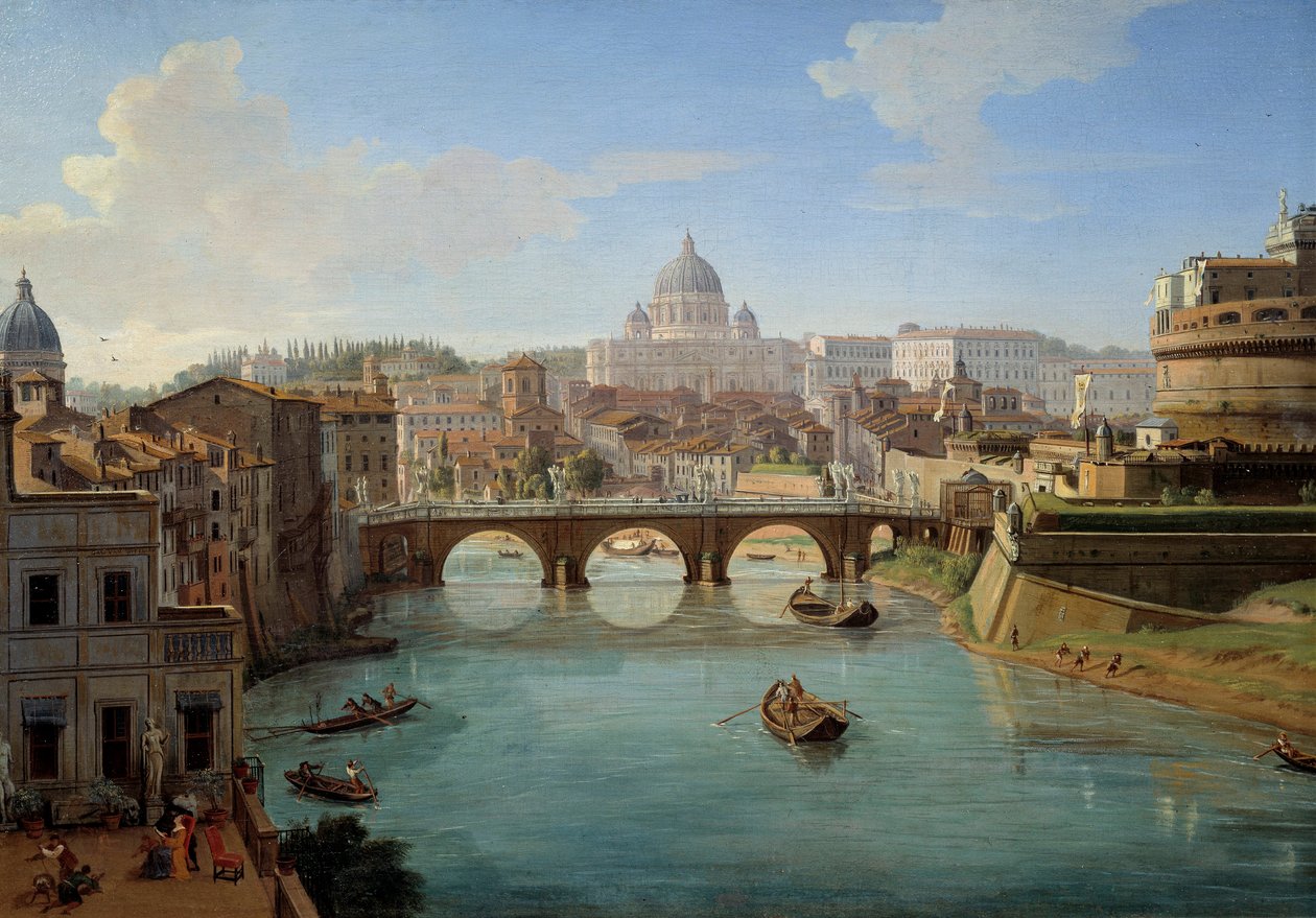 Kilátás a római Szent Péter-bazilikára, „” Kilátás a római Szent Angelo-kastélyra” A város panorámája, a Tiberis és a Castel Sant”Angelo, Hadrianus császár mauzóleuma” című festmény részlete Gaspare Vanvitelli alkotó: Gaspar van Wittel