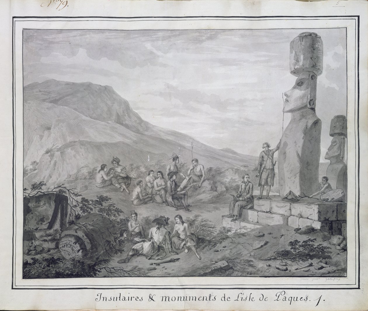 Húsvét-sziget szigetlakói és emlékművei, 1786 (wc és tinta papíron) (lásd még BAL 72648) alkotó: Gaspard Duche de Vancy