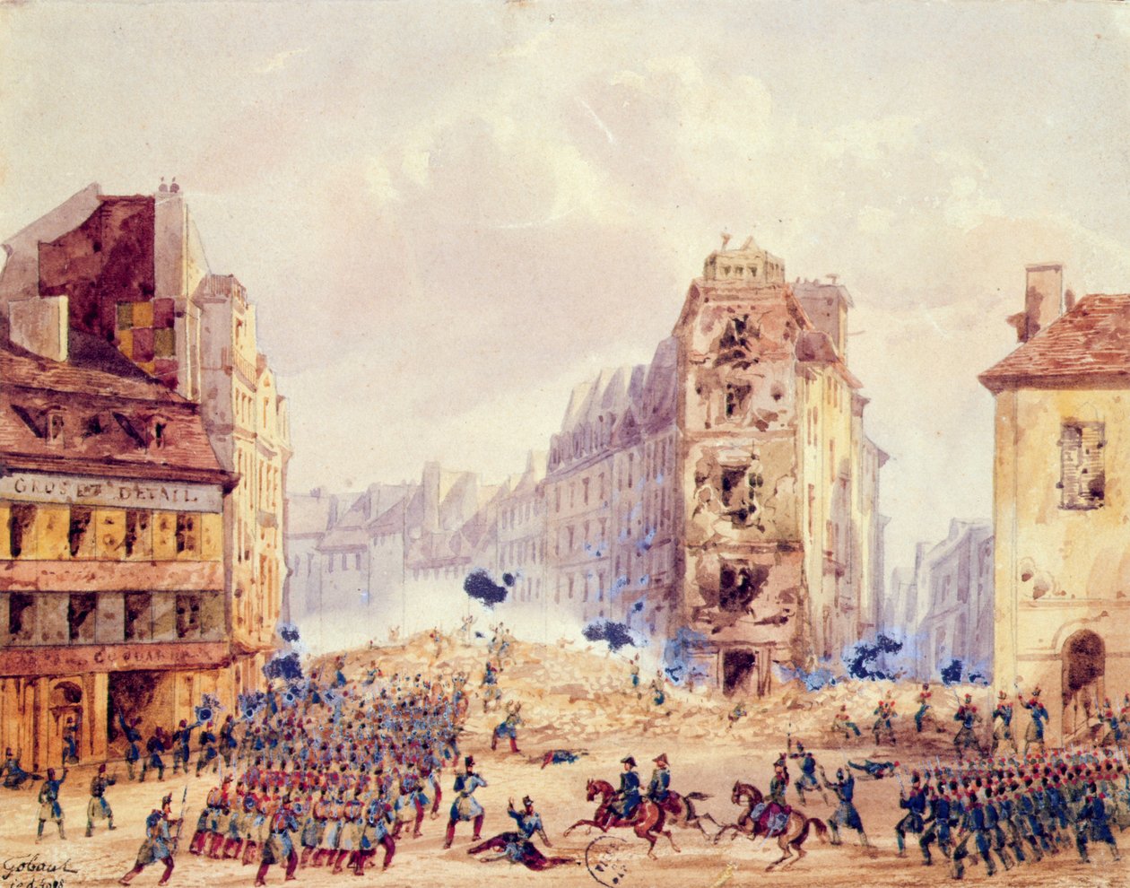 Barikád Faubourg Saint-Antoine-nál és Negrier tábornok halála, 1848. június 25. alkotó: Gaspard Gobaut