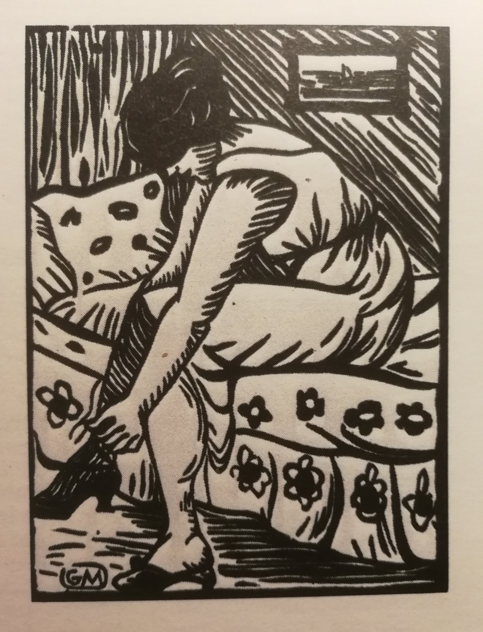 Egy nő húzza harisnyáját, fametszetet a Galerie Barbery -ből (Párizs) alkotó: Gaspard Maillol