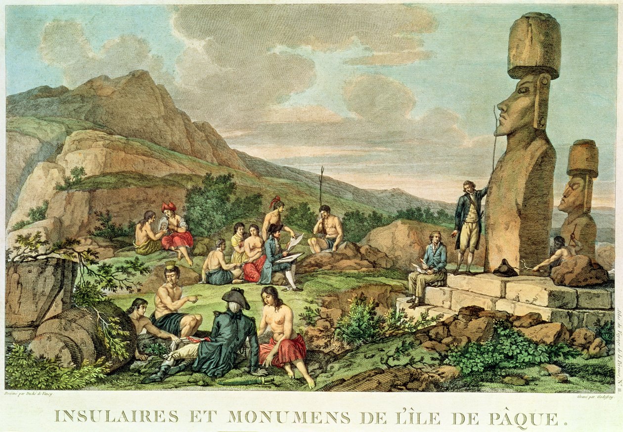 A Húsvét-sziget szigetlakói és emlékművei, 11. tábla az Atlas de Voyage de La Perouse-ból, 1785-88 (metszet) alkotó: Gaspard Duche de Vancy