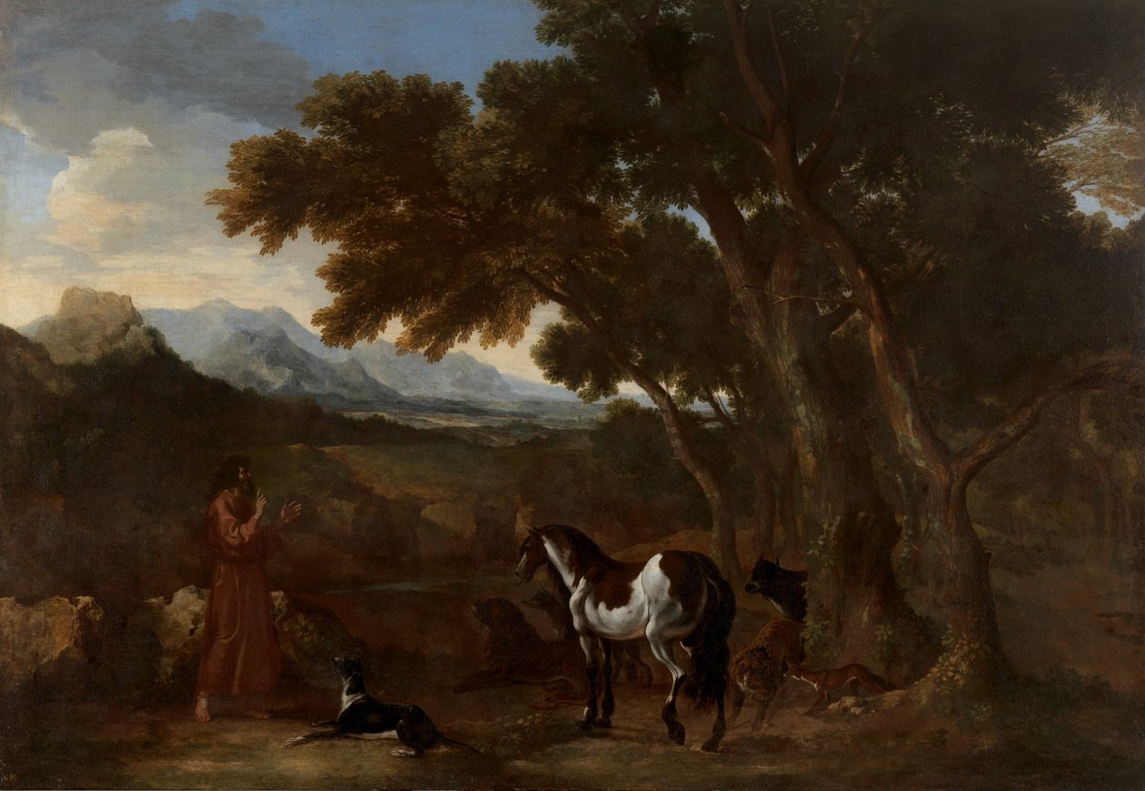 Dughet - Tájkép egy állatoknak prédikáló remetével, 1637 - 1638 alkotó: Gaspard Dughet