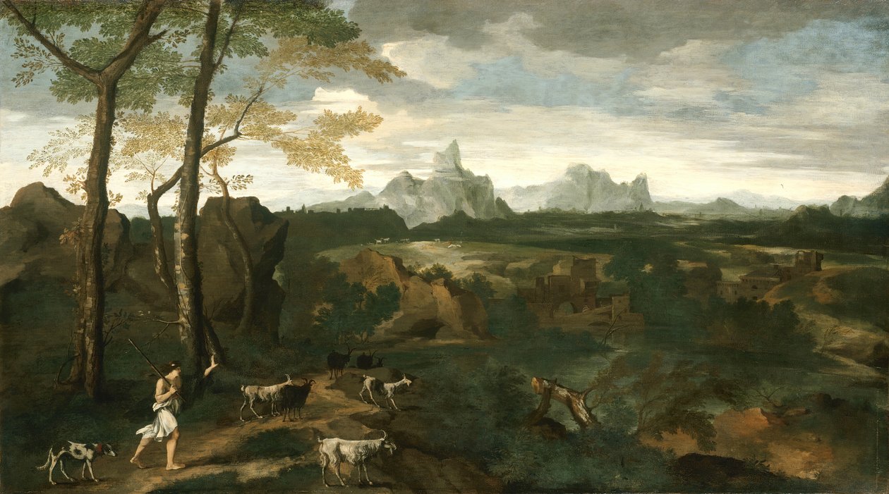 Táj pásztorral és kecskékkel, c. 1635. alkotó: Gaspard Dughet