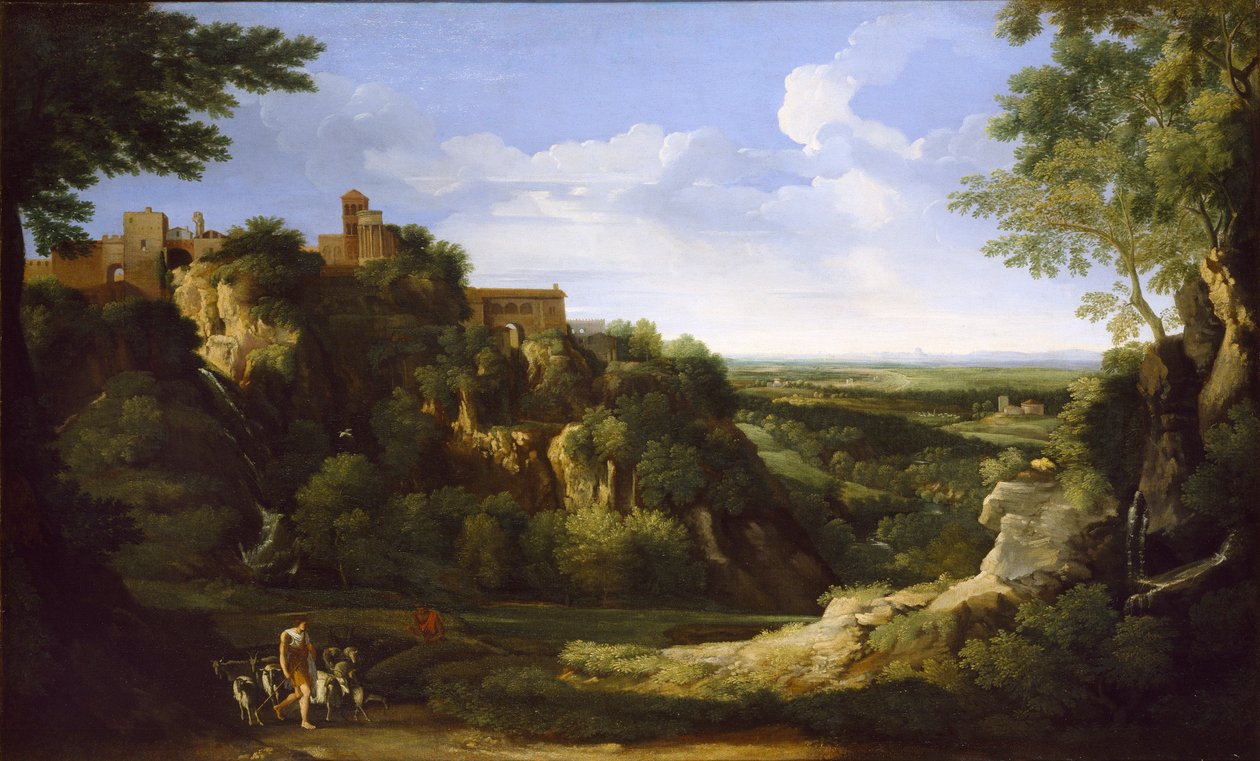 Tivoli kilátása Rómával a távolban, az 1650-es évek végén alkotó: Gaspard Dughet
