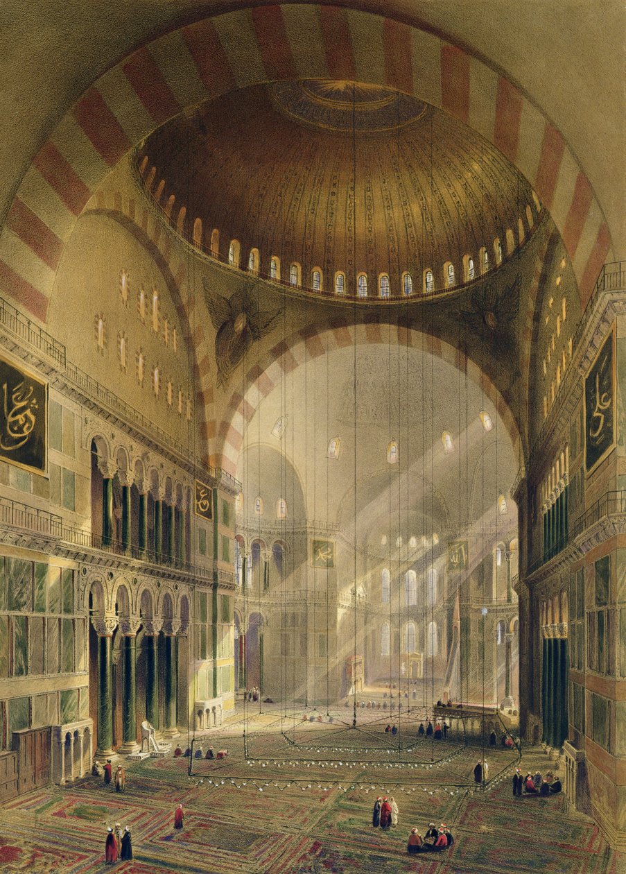 Hagia Sophia, 24. tábla: a központi kupola belseje leengedett csillárokkal, vésette Louis Haghe (1806-85), megjelent 1852 alkotó: Gaspard Fossati