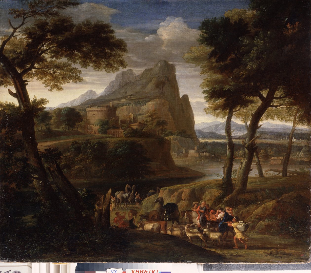 ""Táj utazók csoportjával"" (Táj karavánnal) Gaspard Dughet (1615-1675) festménye 17. századi Állami Szabadtéri Múzeum, Gatchina palota, Szentpétervár alkotó: Gaspard Poussin Dughet