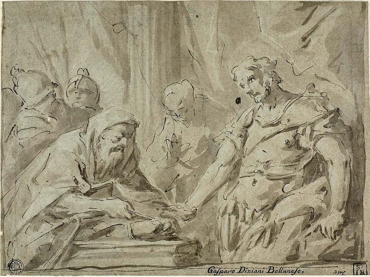 David Receiving the Hallowed Bread from Alchimelek   1296474   hu       hungarian Successfully Translated  Original: April Aprillis (title on object) De twaalf maanden van het jaar, Les XII Mois de lAnnée (series title) Translat: April Aprillis (title on o alkotó: Gaspare Diziani