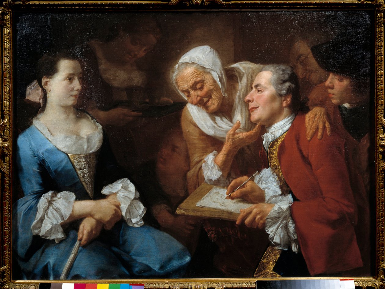 Egy festő és modellje, mögötte egy idős nő nyújtogatja a nyakát, hogy nézze a rajzolását. Gaspare Traversi (1732-1769) festménye 1754 V. 0,99x0,73 m alkotó: Gaspare Traversi