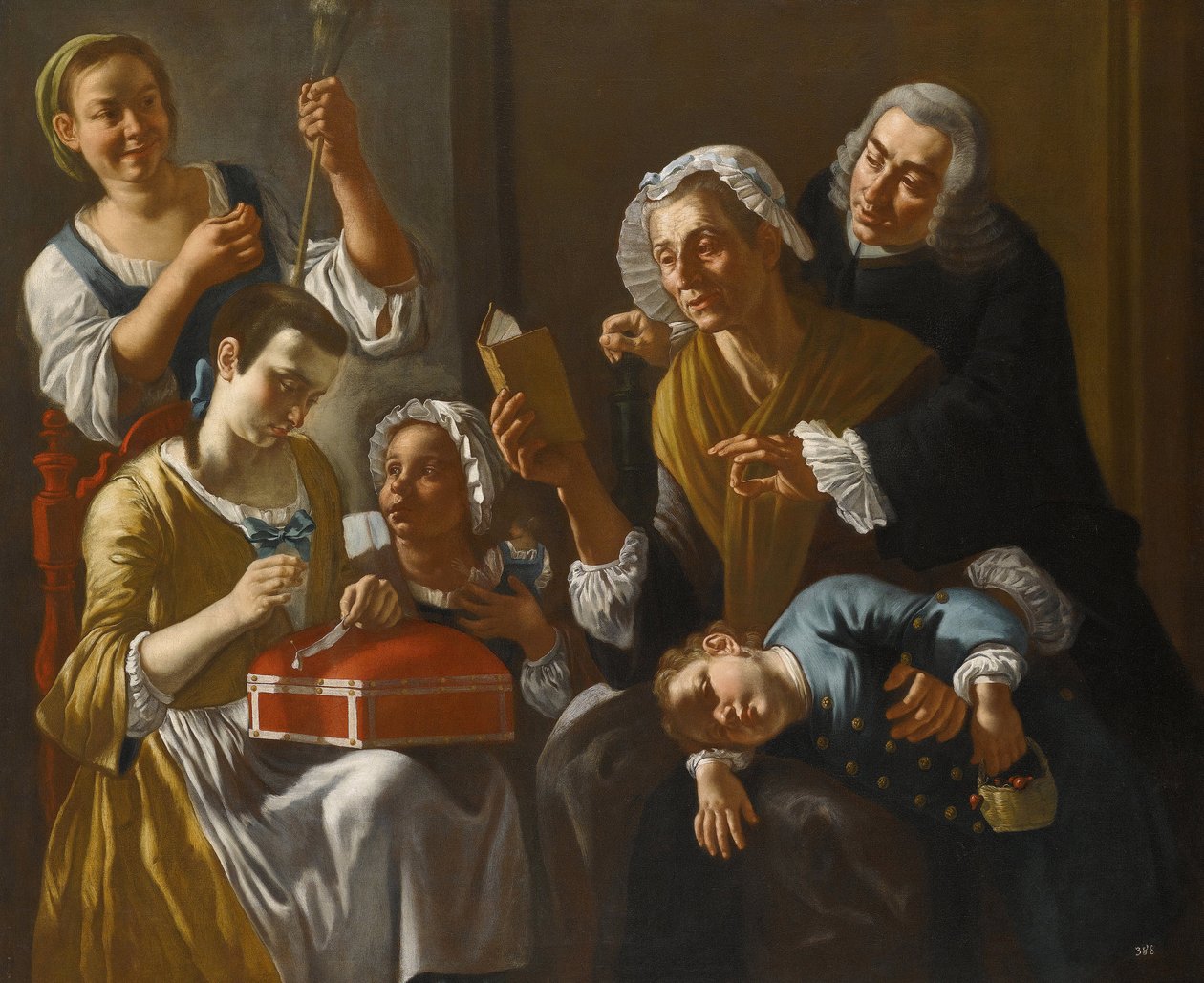 La lecon de couture – A varráslecke Traversi, Gaspare (1732-1769). Olaj, vászon, méret: 131x158, kb 1760, Magángyűjtemény alkotó: Gaspare Traversi