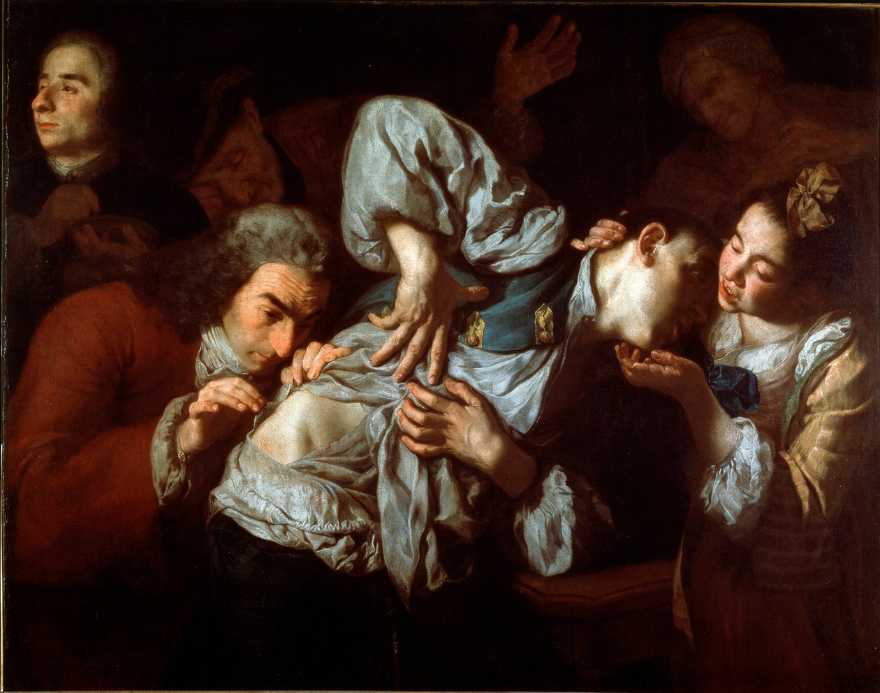A sebek Egy sérült férfit az orvos megvizsgál, egy fiatal nő megnyugtat. Gaspare Traversi festménye (kb. 1722-1770). 1752 kb. Nap. 100x127 cm Galleria dell