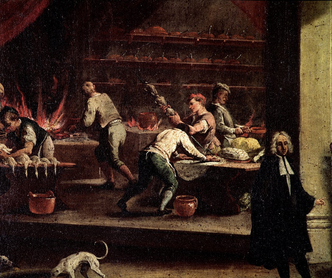 Konyhában dolgozó velencei szakácsok Részlet - Gaspare Diziani (1698-1767), a szakácsművészet zászlósának (Arte dei cuochi) tulajdonított festmény Velence, Museo Correr alkotó: Gasparo Diziani