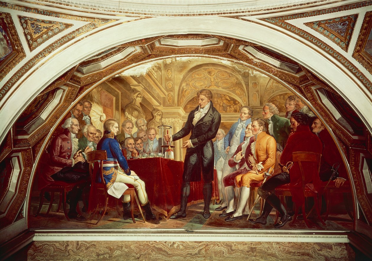 Alessandro Volta (1745-1827) bemutatja újonnan feltalált akkumulátorát Napóleonnak (1769-1821) a párizsi Institut de France-ban, november 7-én alkotó: Gaspero Martellini