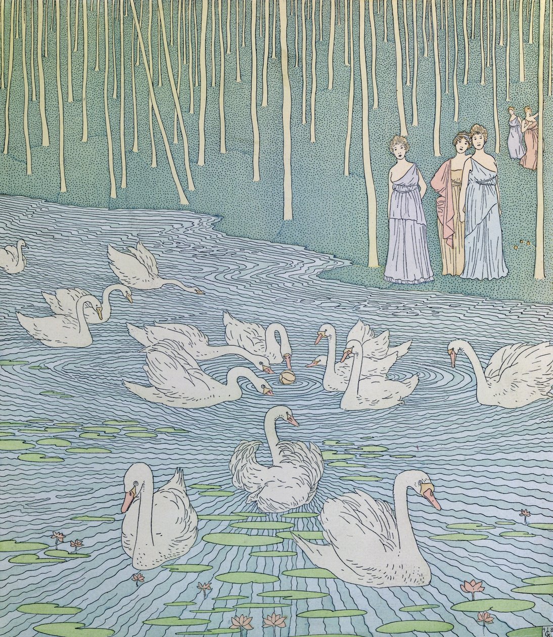Nausicaa és társai labdával játszanak, illusztráció az Odüsszeia 6. könyvéből, Lecomte de lIsle fordítása, 1900 körül alkotó: Gaston de Latenay
