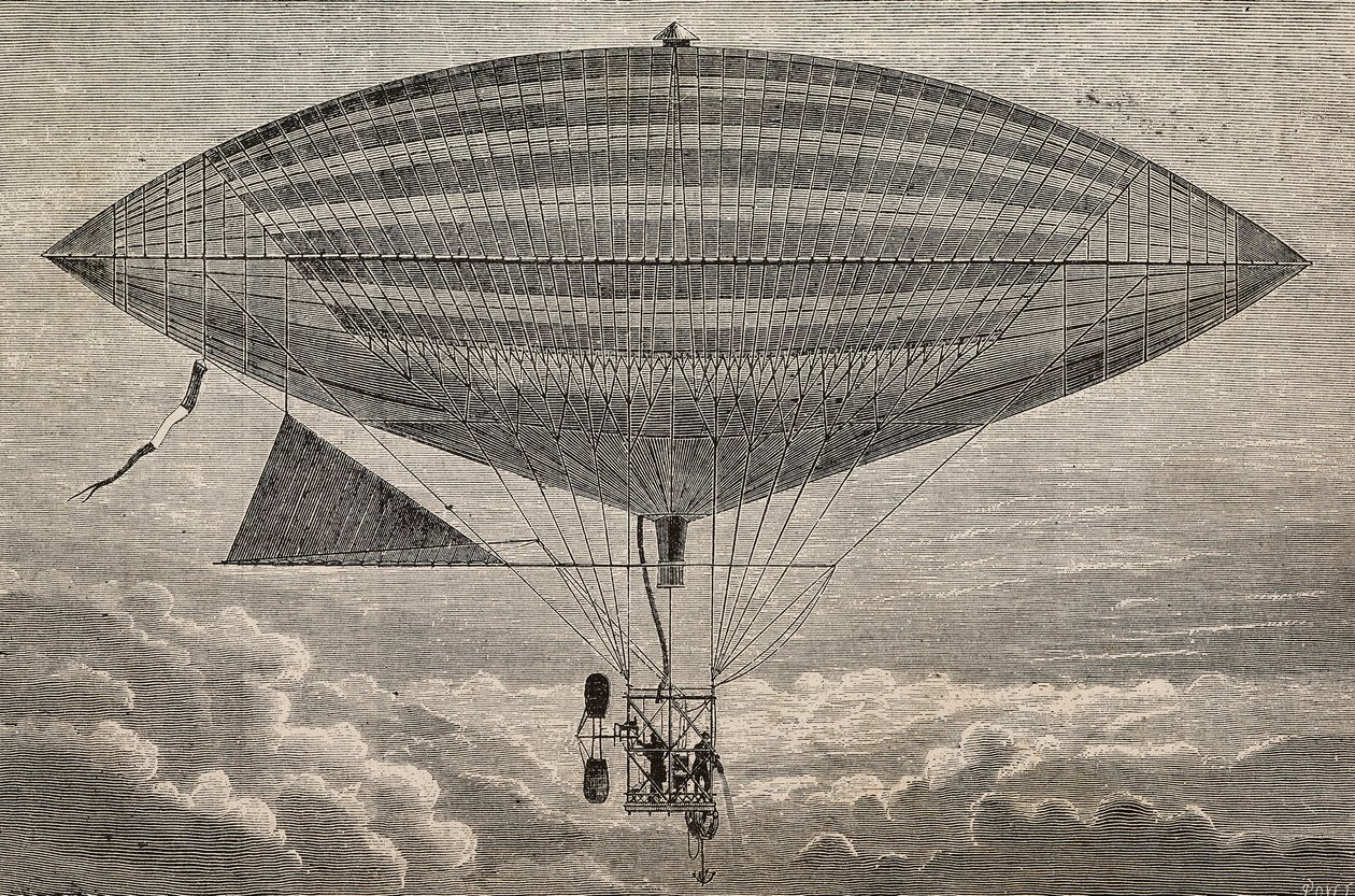 Elektromos léggömb légcsavarral, Gaston (18473-1899) és Albert Tissandier (1839-1906) prototípusa, Párizs, Franciaország, metszet a L
