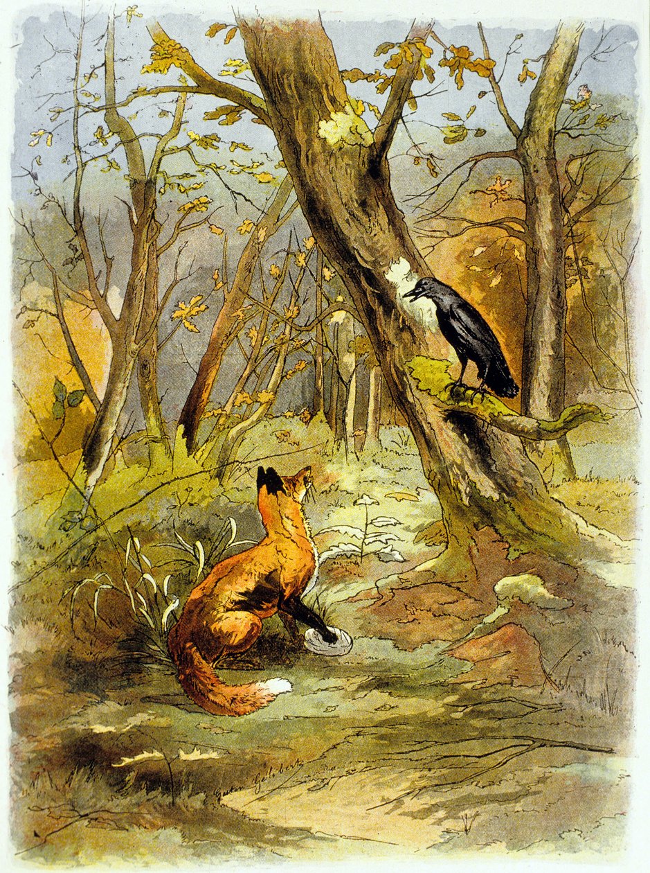 La Fontaine meséje: A varjú és a róka (illusztráció, 1900 körül) alkotó: Gaston Gelibert