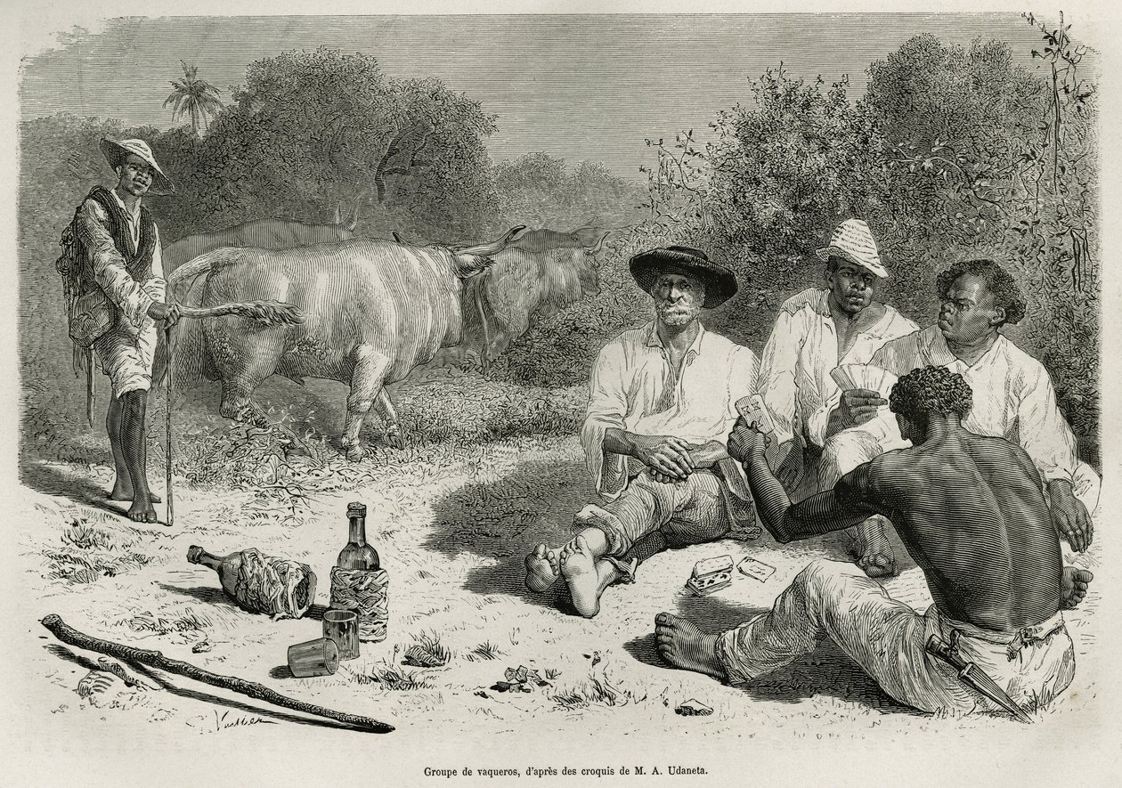 Egy csoport vaquero-k kártyáznak és alkoholt isznak ökörcsordáik közelében, metszet G. Vuillier rajza után Jules Crevaux, a francia haditengerészet orvosának 1878-1879-ben megjelent De Cayenne aux Andes című történetének illusztrálására. a tour du mon alkotó: Gaston Vuillier