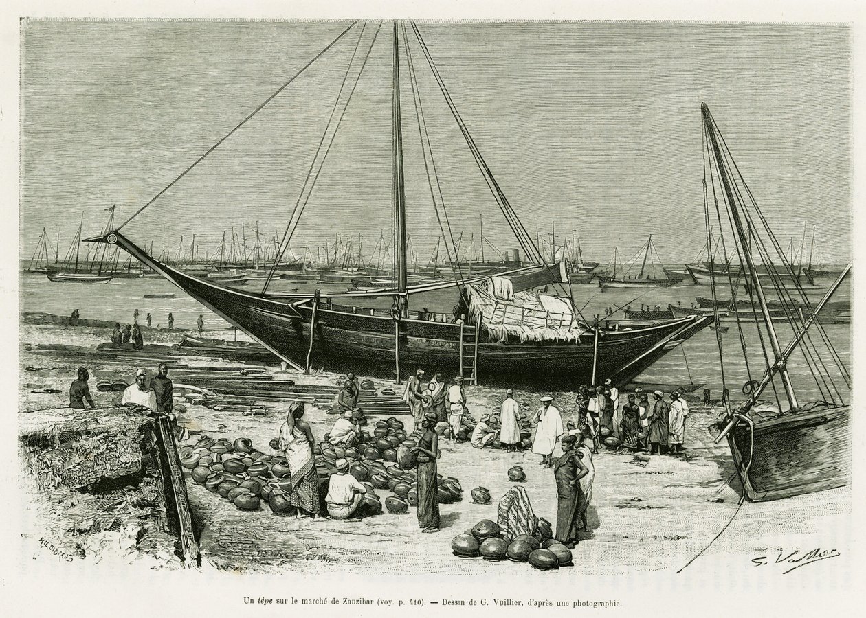 A zanzibári piacon (Tanzánia). G. Vuillier metszet, az 1882-ben és 1883-ban készült Utazás a Benadirok, Szomáliai és Bayounok között című történet illusztrálására, G. Revoil, in le tour du monde 1888, rendező: Edouard Charton (1807-1890), Hachette, Párizs. alkotó: Gaston Vuillier