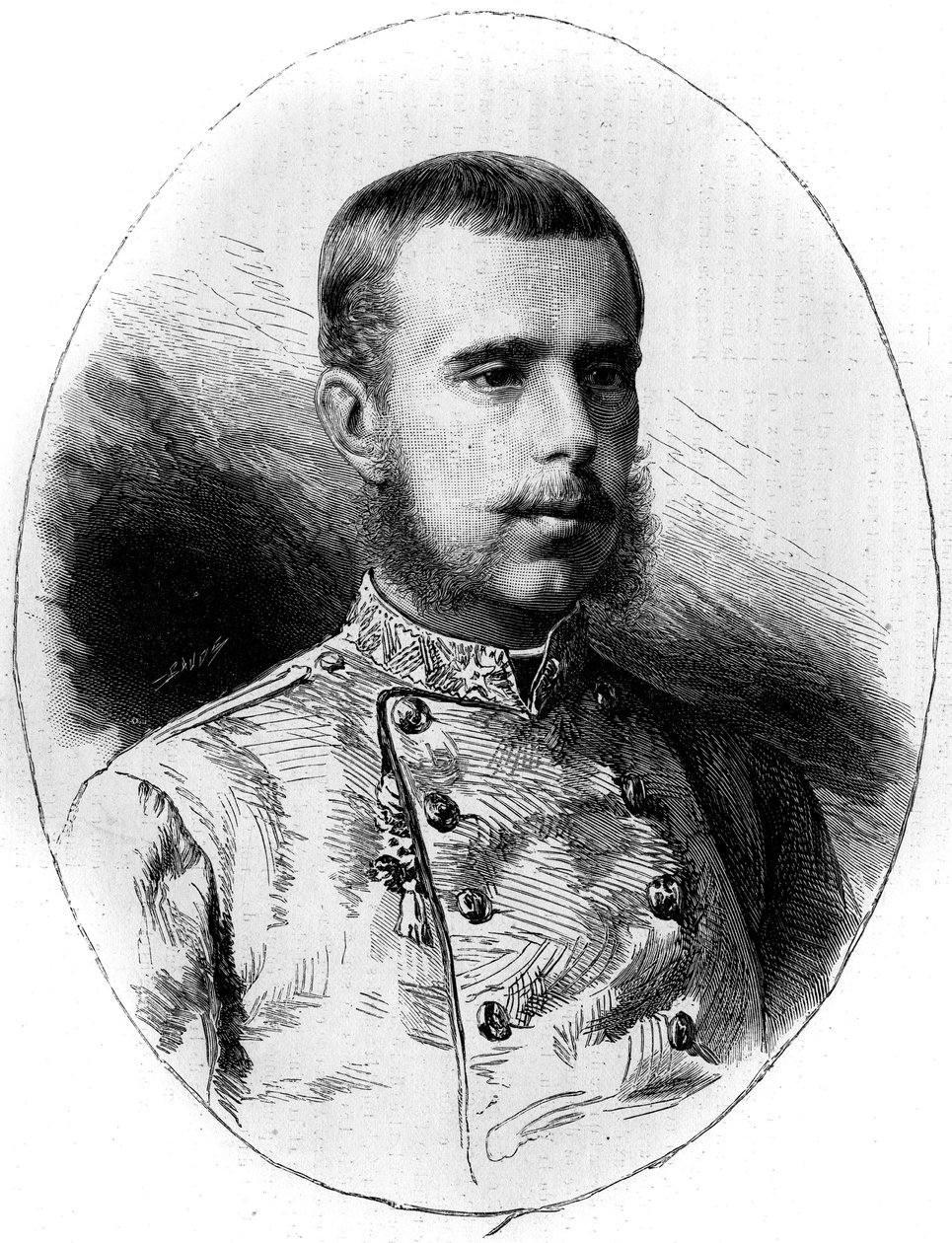 Rodolf osztrák főherceg (1858-1889) portréja. G. Vuillier metszete a „” Le Monde Illustré”” 1260. számában, 1881. május 21-én. alkotó: Gaston Vuillier
