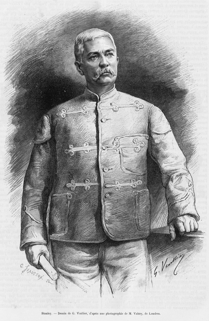 Henry Morton Stanley (született: John Rowlands 1841-1904) újságíró és felfedező portréja. G. Vuillier metszete az Afrika sötétjében, Emin Pasha felfedezett kutatása és visszavonulása című történet illusztrálására alkotó: Gaston Vuillier
