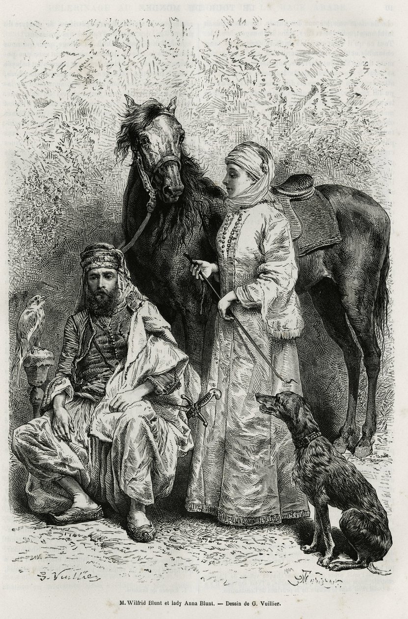 Wilfrid Blunt (1840-1922), költő és író, valamint feleségének, Lady Anna Bluntnak (szül. King Noel (King Noel) 1837-1917) portréi, az első európai nő, aki utazási öltönyben fedezte fel a Közel-Keletet , az egyik arab ló előtt az istállójukban alkotó: Gaston Vuillier